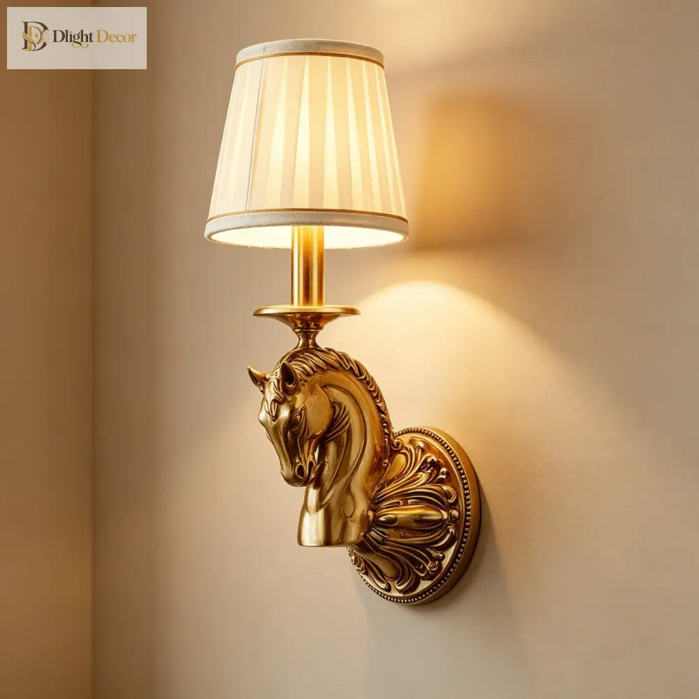 Decorative copper wall sconce with horse head ornament and beige fabric drum shade