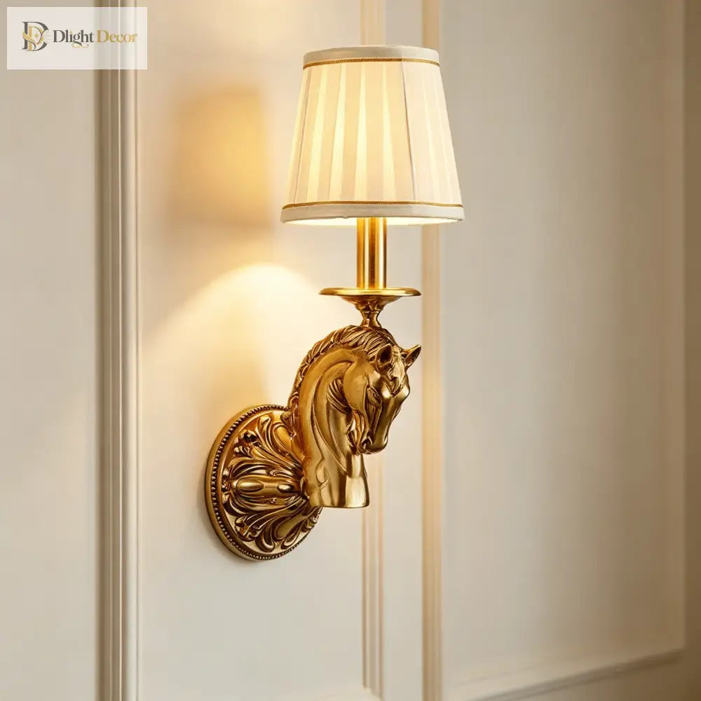 Decorative wall sconce with copper horse-head detail and beige fabric drum shade