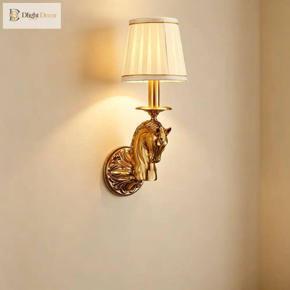 Decorative wall sconce with copper horse-head design and beige fabric drum shade