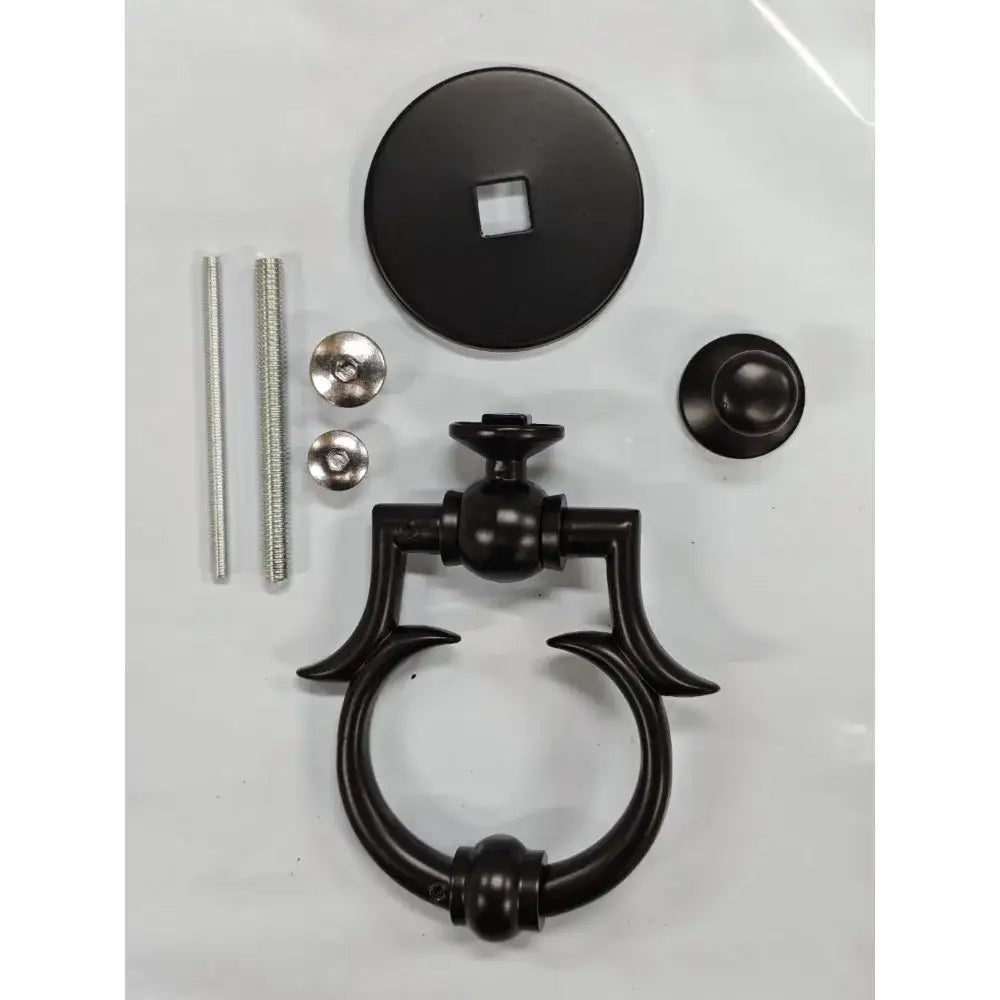 Black door knocker ring pull set with screws, round cover, and mounting hardware
