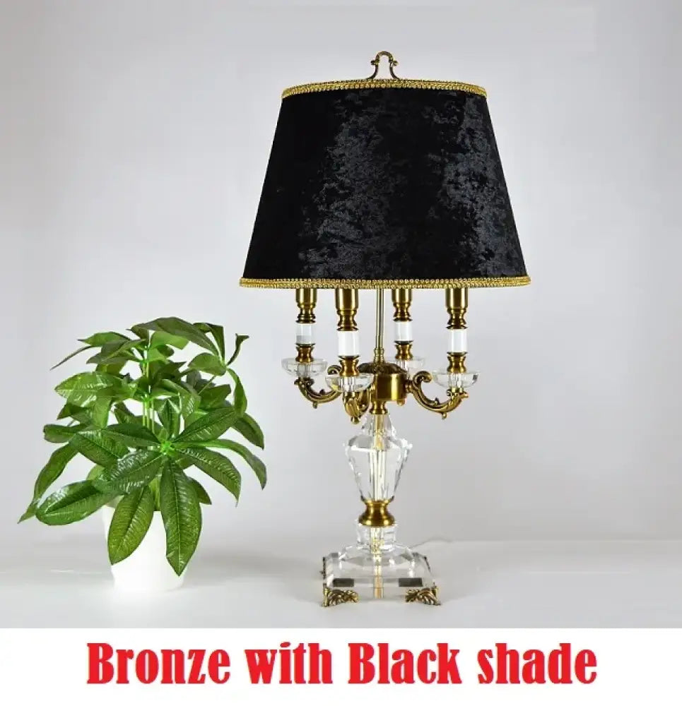 Bronze-tone fabric LED desk lamp with black shade and crystal base