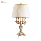 Modern fabric LED desk lamp with white/beige pleated shade and gold-tone base