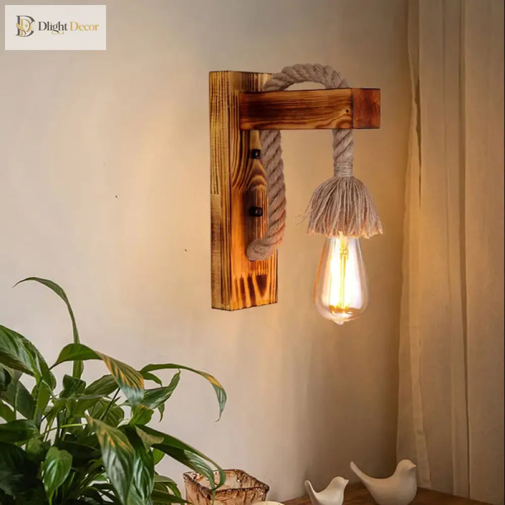 Retro Vintage Hemp Rope Wall Light - Wooden Lamp Ideal For Restaurants Kitchens Coffee Shops And