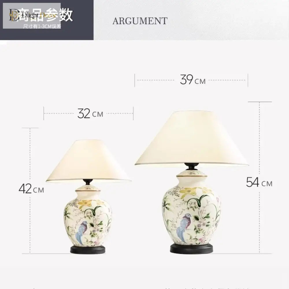 Two-size ceramic table lamp with white shades, blue bird motif shown with measurements