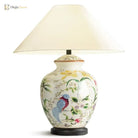 Ceramic vase table lamp with white shade, blue bird and botanical pattern