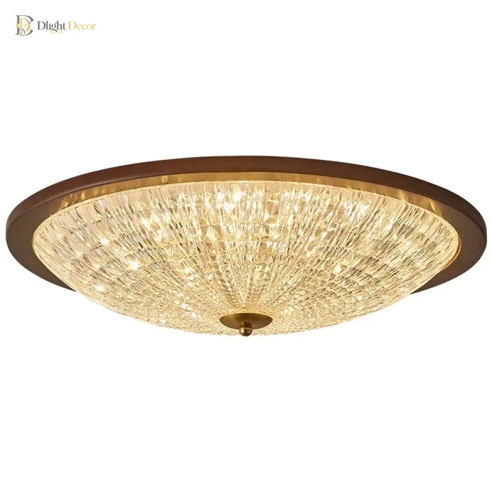Walnut round flush-mount ceiling light with clear faceted acrylic diffuser