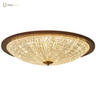 Walnut round flush-mount ceiling light with clear faceted acrylic diffuser