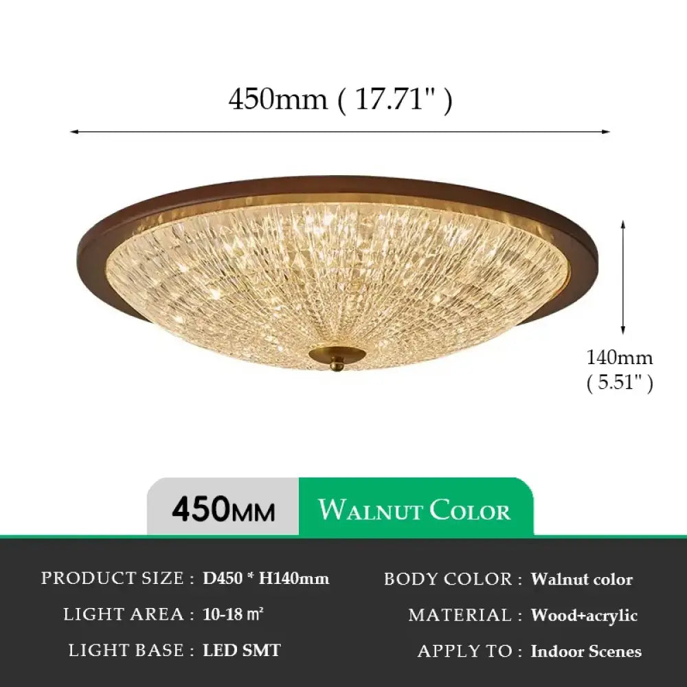 Flush-mount ceiling light, walnut frame: 450mm diameter, 140mm height; clear acrylic