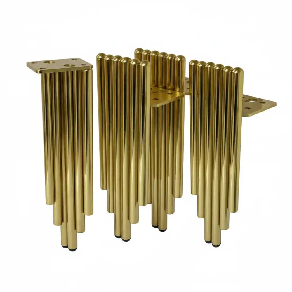 Gold metal furniture support legs (set of four), ribbed cylinders with square plates