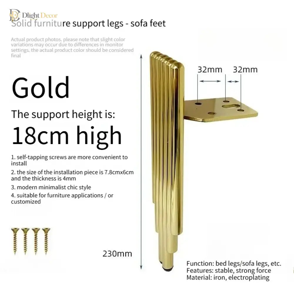 Gold metal furniture support leg with square mounting plate and included screws