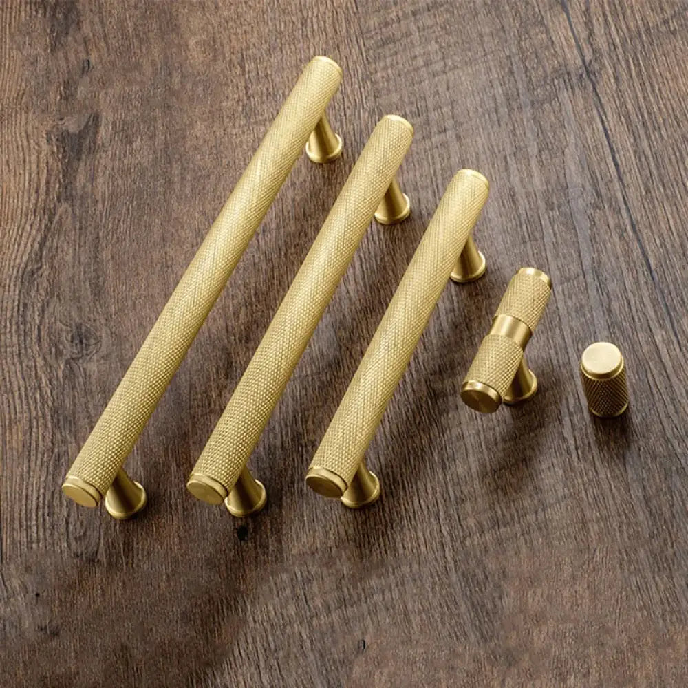 Gold Knurled Brass Kitchen Cabinet Handles – T-Bar Drawer Pulls and Copper Knobs (14mm Diameter) Handles