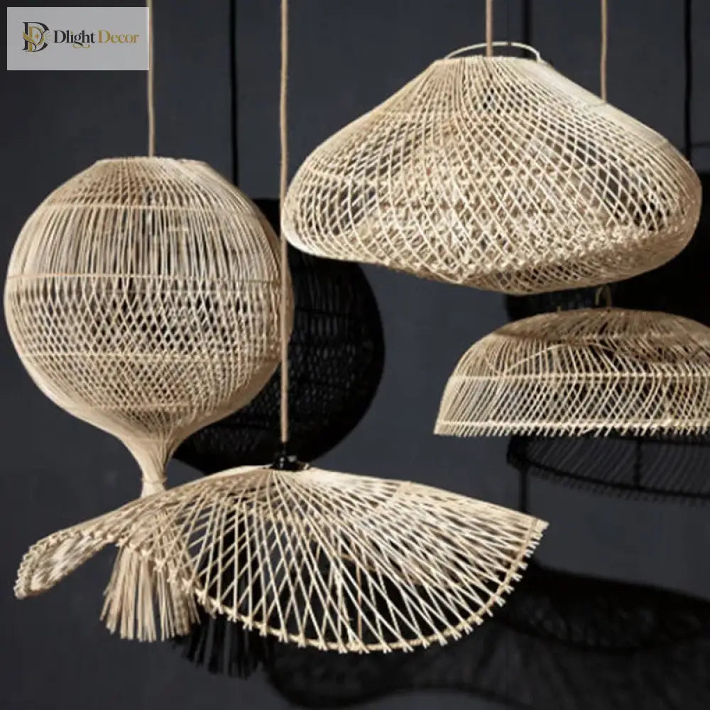 Handmade Art Rattan Pendant Lamp - Oriental Water Pattern Luminaire For Elegant Living Room And