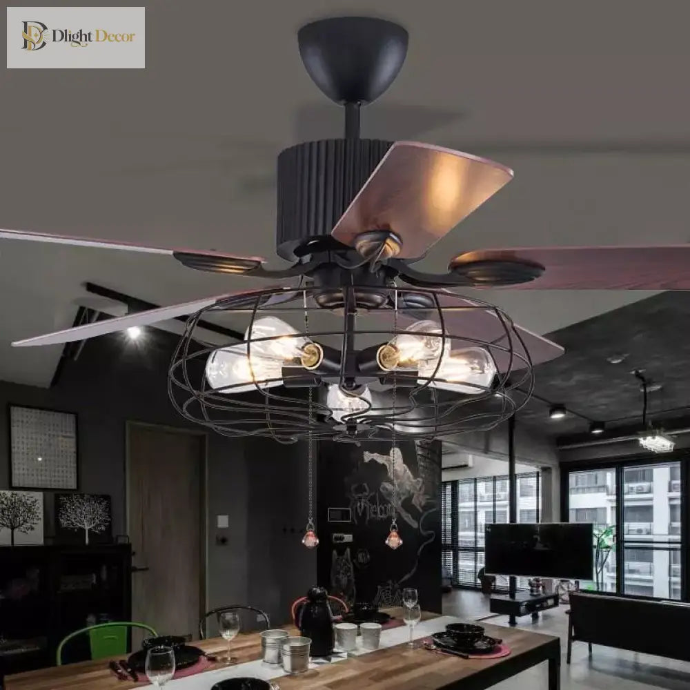 High Quality Loft Fan Chandelier Retro Dining Room Household Electric Mute Led Remote Leaf Lamp