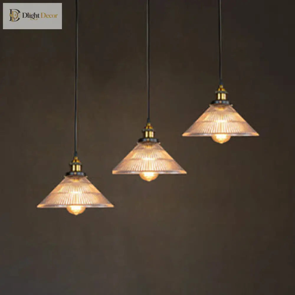 Illuminate Your Dining Room With Industrial Elegance: The 3 - Light Brass Cone Pendant Ribbed Glass