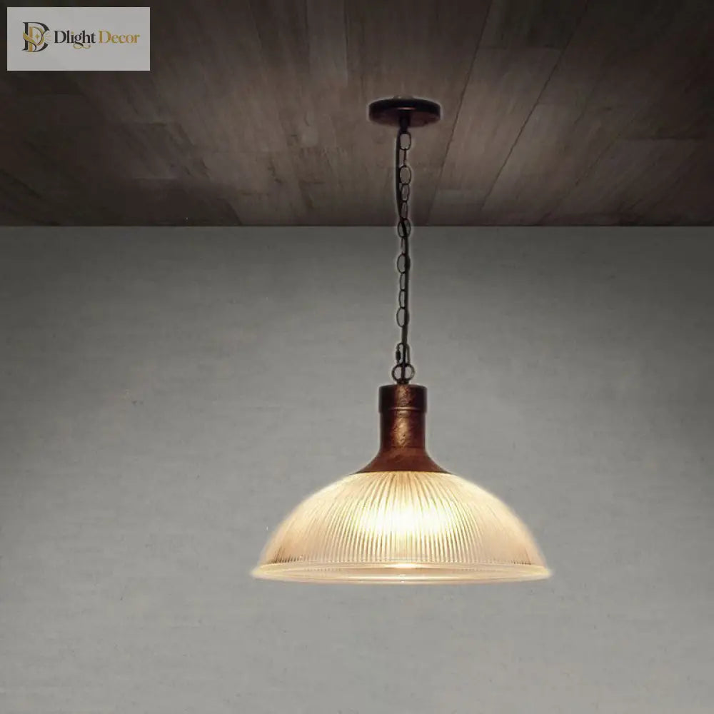 Hélène’s Clear Ribbed Glass Dome Pendant Light - Industrial Bronze Black Hanging For Living