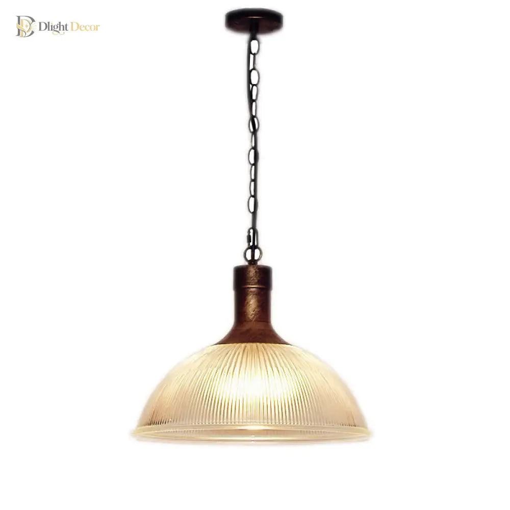 Hélène’s Clear Ribbed Glass Dome Pendant Light - Industrial Bronze Black Hanging For Living
