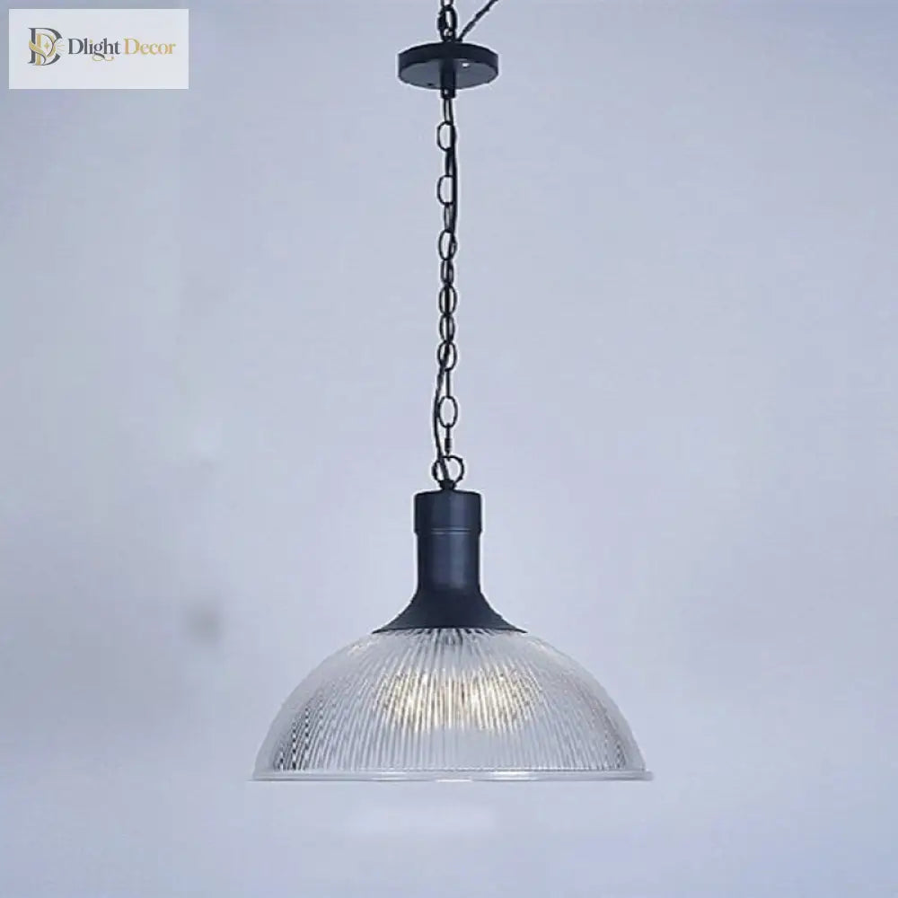 Hélène’s Clear Ribbed Glass Dome Pendant Light - Industrial Bronze Black Hanging For Living