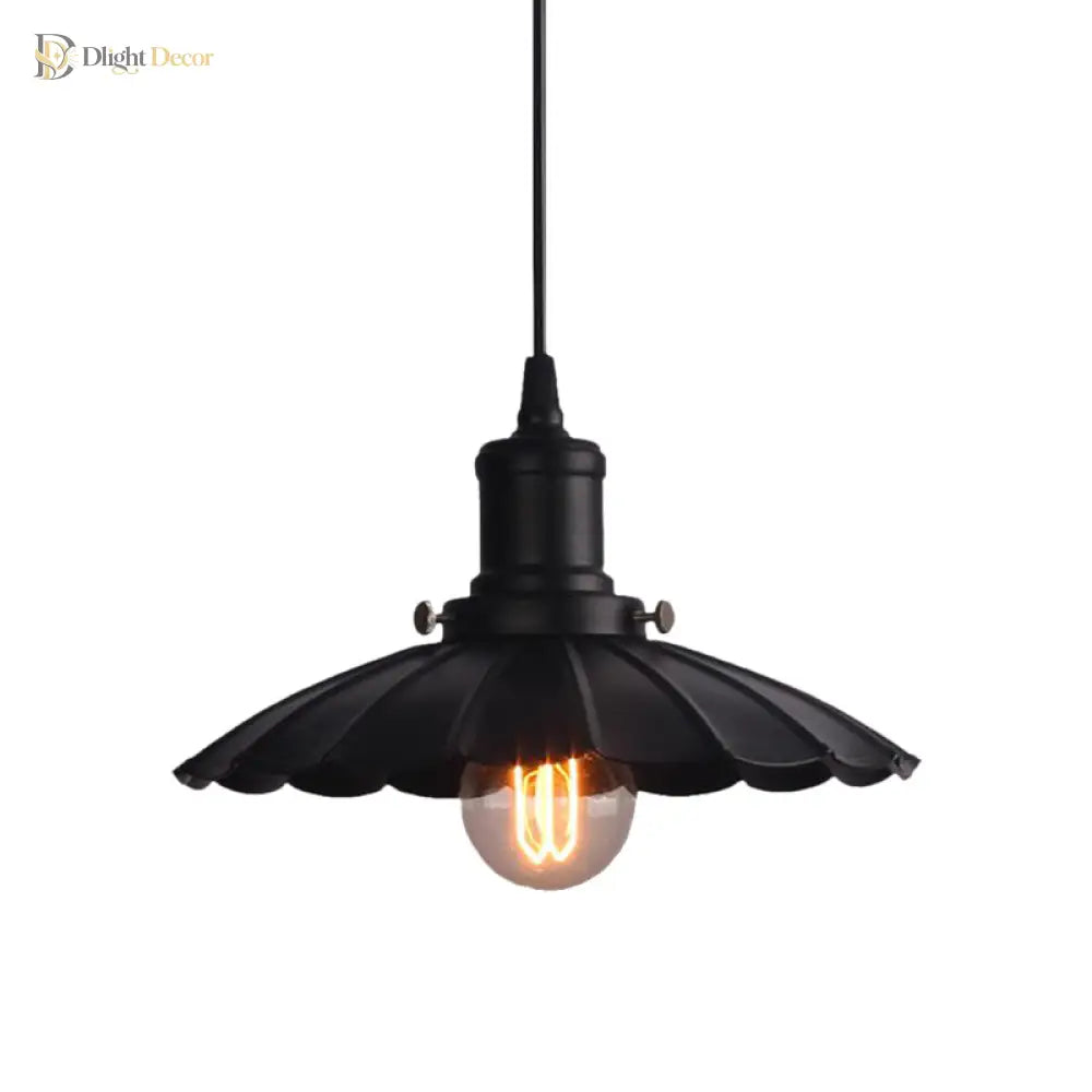 Vintage Industrial Hanging Lamp Black Scalloped Metal Indoor Ceiling Light Fixture 1 - Bulb