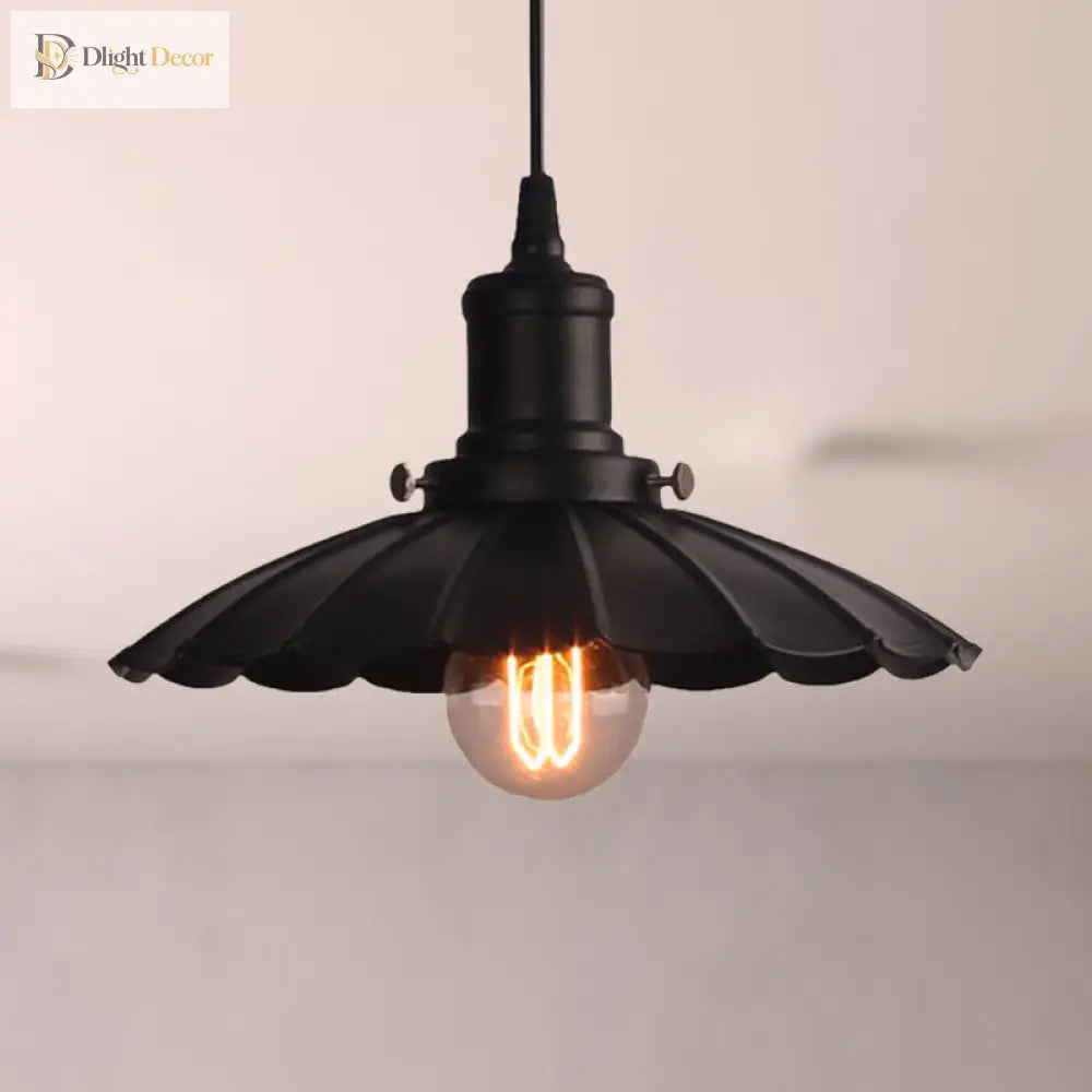 Vintage Industrial Hanging Lamp Black Scalloped Metal Indoor Ceiling Light Fixture 1 - Bulb