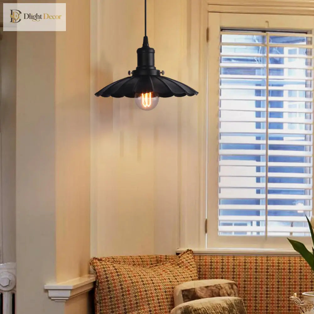Vintage Industrial Hanging Lamp Black Scalloped Metal Indoor Ceiling Light Fixture 1 - Bulb