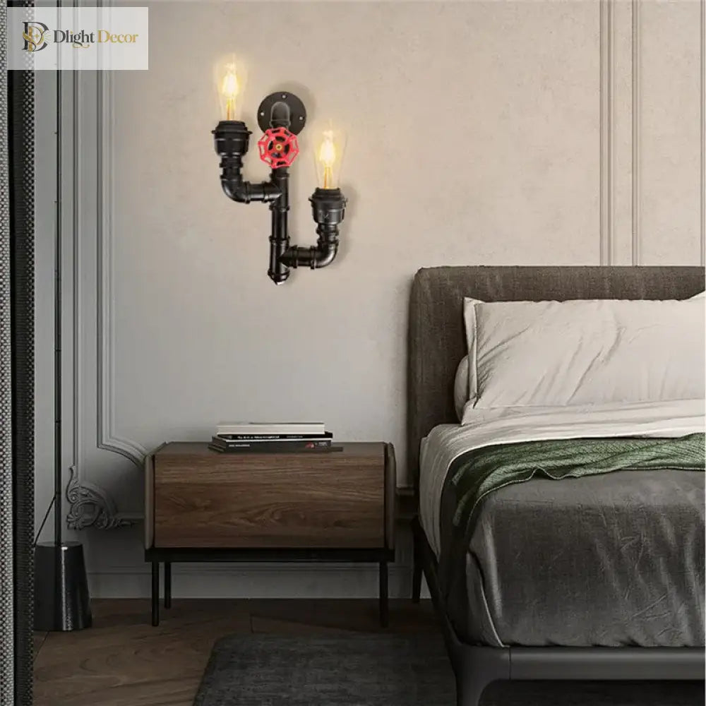 Industrial Metal Valve Double Head Water Pipe Wall Light - Antique Lamp For Kitchen Bedroom And