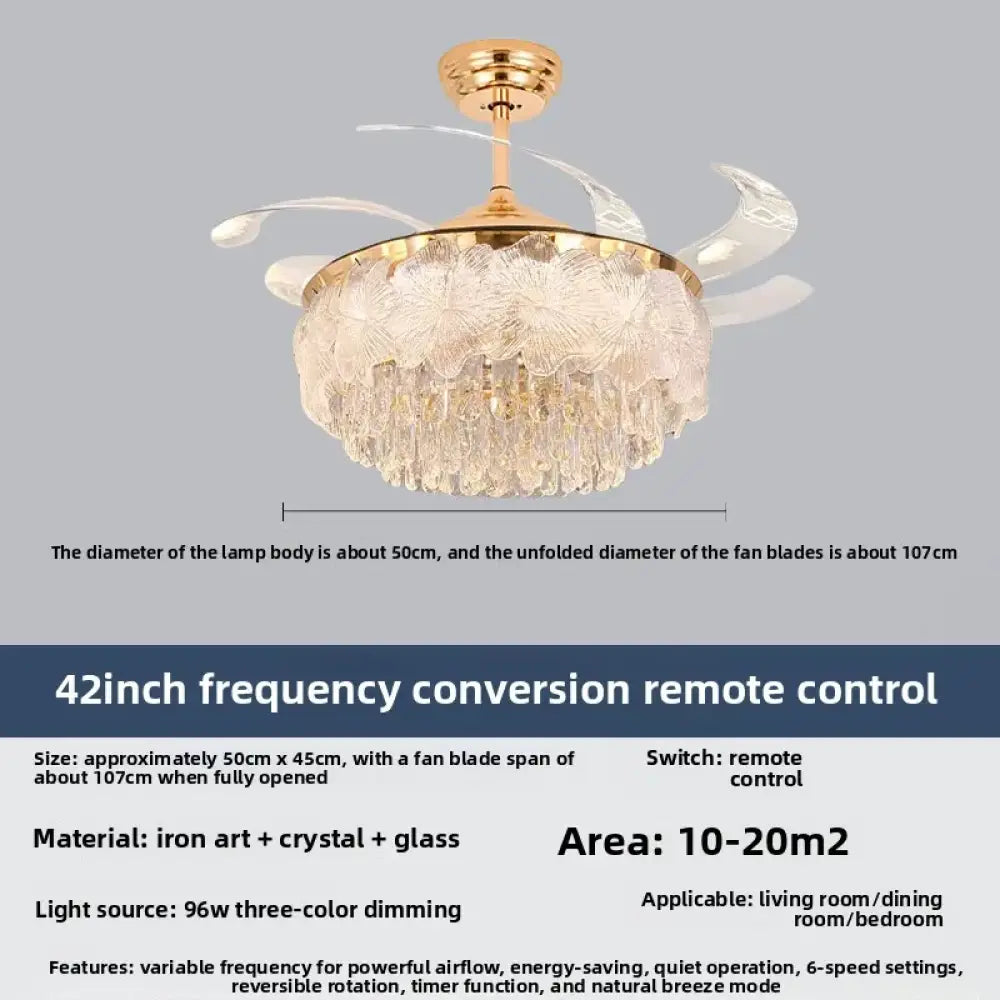 Crystal ceiling fan light with gold finish, clear blades, and remote control