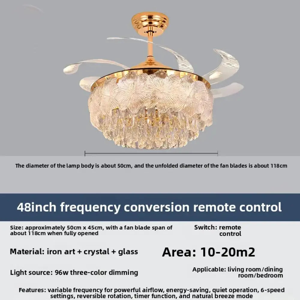 Crystal ceiling fan light with gold finish, clear blades, and remote control