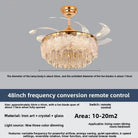 Crystal ceiling fan light with gold finish, clear blades, and remote control
