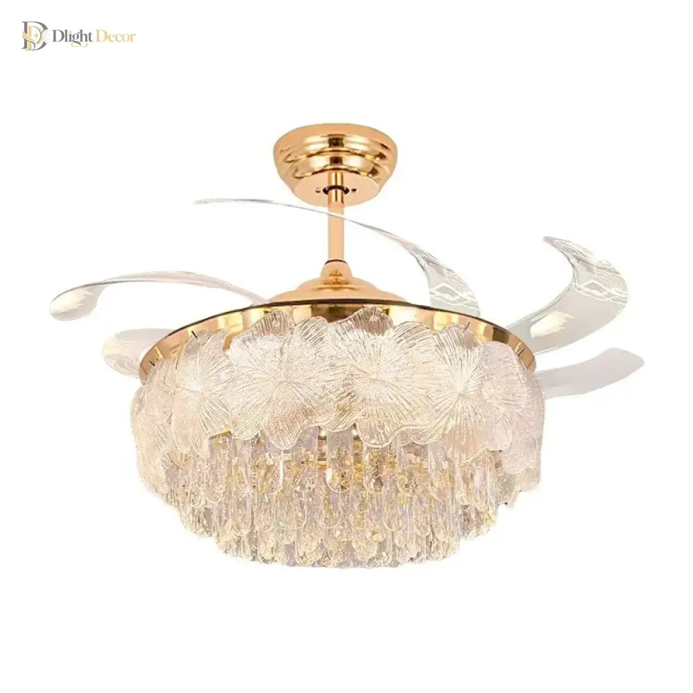 Crystal glass ceiling fan light with gold finish and clear fan blades