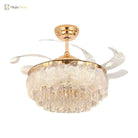 Crystal glass ceiling fan light with gold finish and clear fan blades