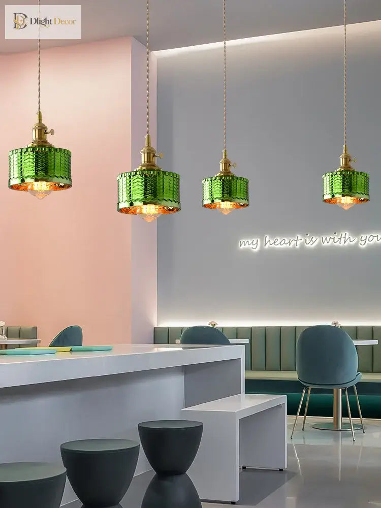Vintage Brass Green Glass Pendant Light - Illuminate Your Dining Room Bar Or Bedroom With
