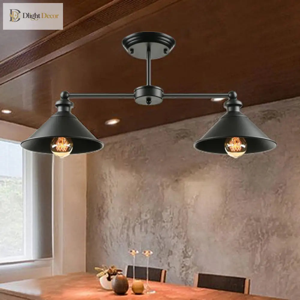 Jackson - Industrial Double Conic Semi - Flush Mount Ceiling Light (2 - Light Black)