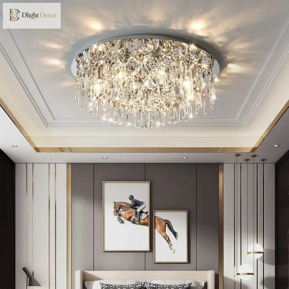 Luxury Modern K9 Crystals Ceiling Lamp - Chrome Steel Led Light For Art Deco Bedroom Lighting