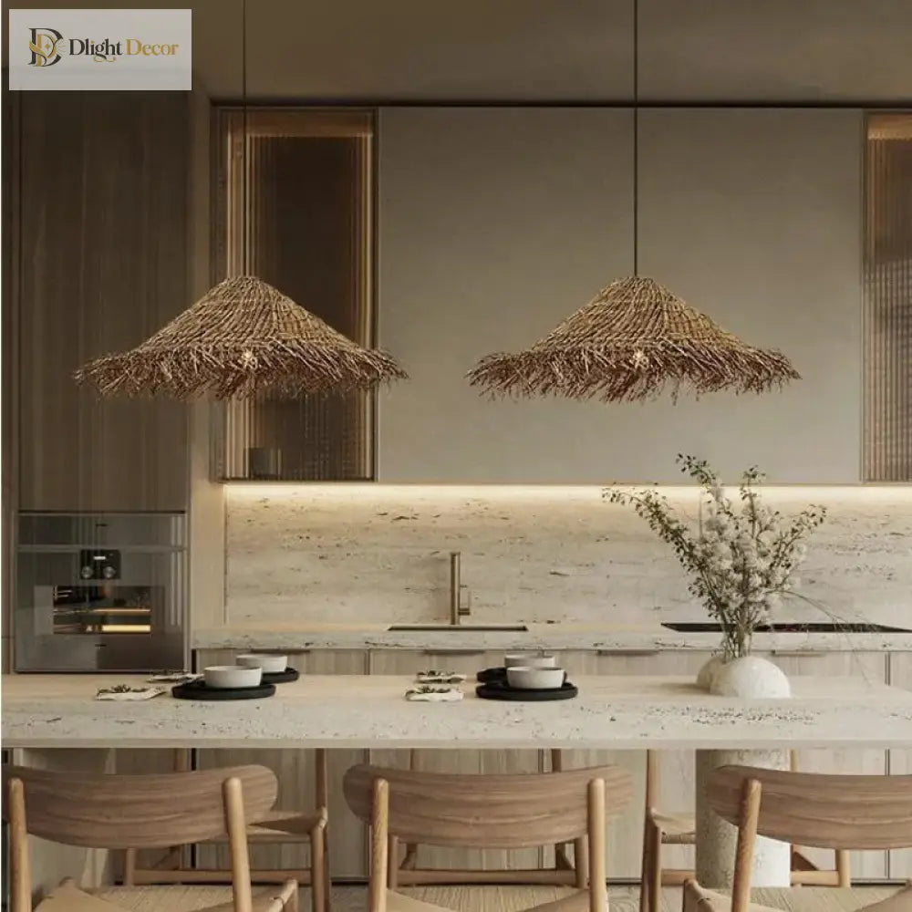 Wabi Sabi E27 Led Pendant Lights - Rattan Hanging Lamp For Dining Room Elegance