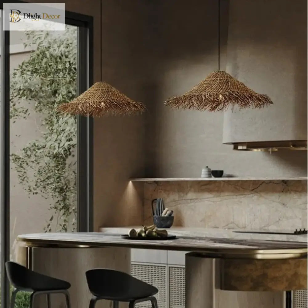 Wabi Sabi E27 Led Pendant Lights - Rattan Hanging Lamp For Dining Room Elegance