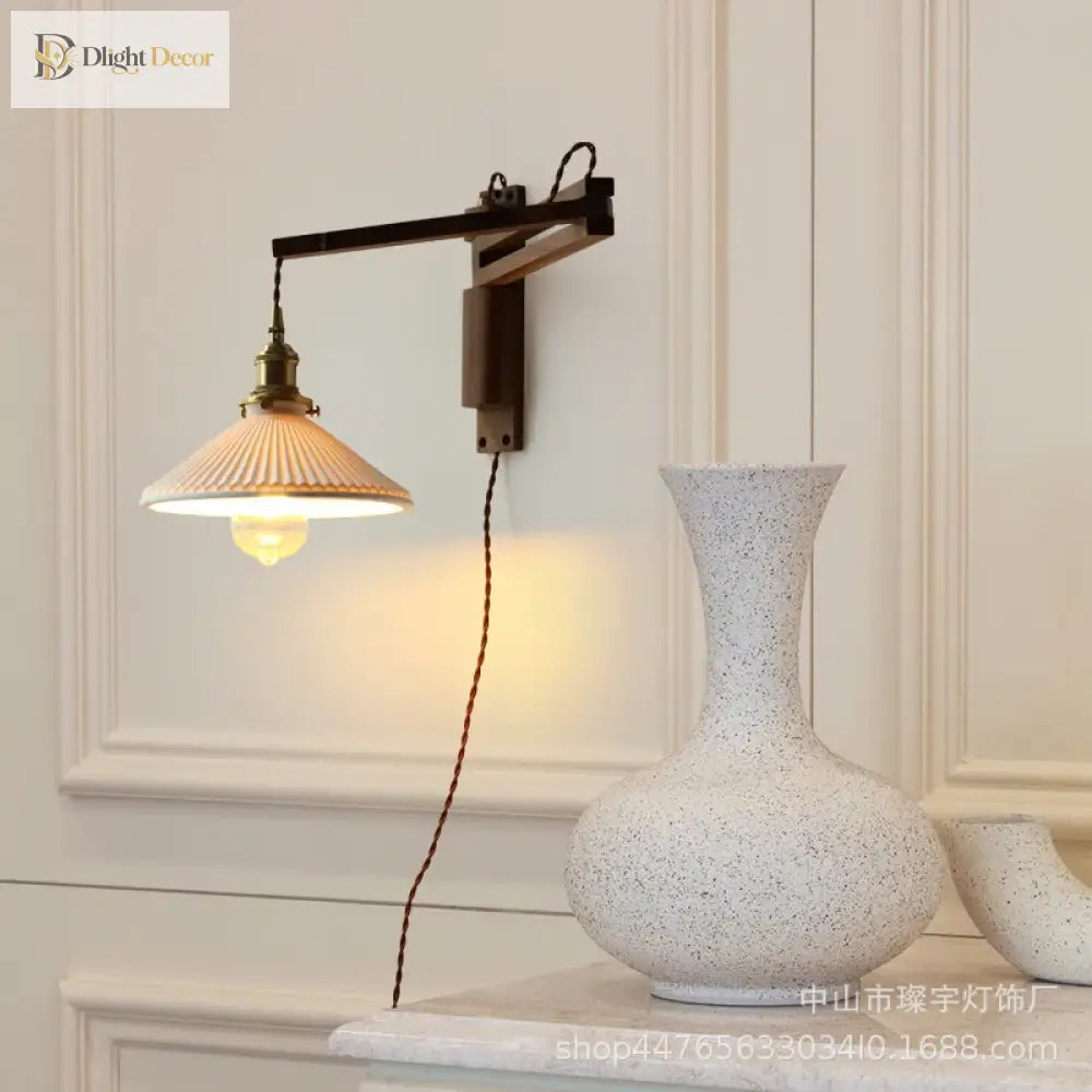 Japanese Vintage Walnut Wall Lamp With Ceramic Shade - Elegant Telescopic Lighting For Bedrooms