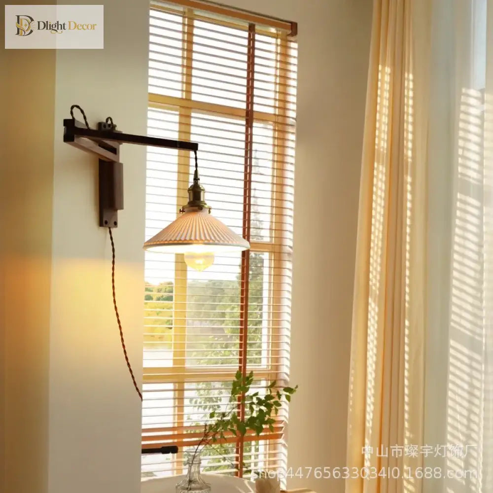 Japanese Vintage Walnut Wall Lamp With Ceramic Shade - Elegant Telescopic Lighting For Bedrooms