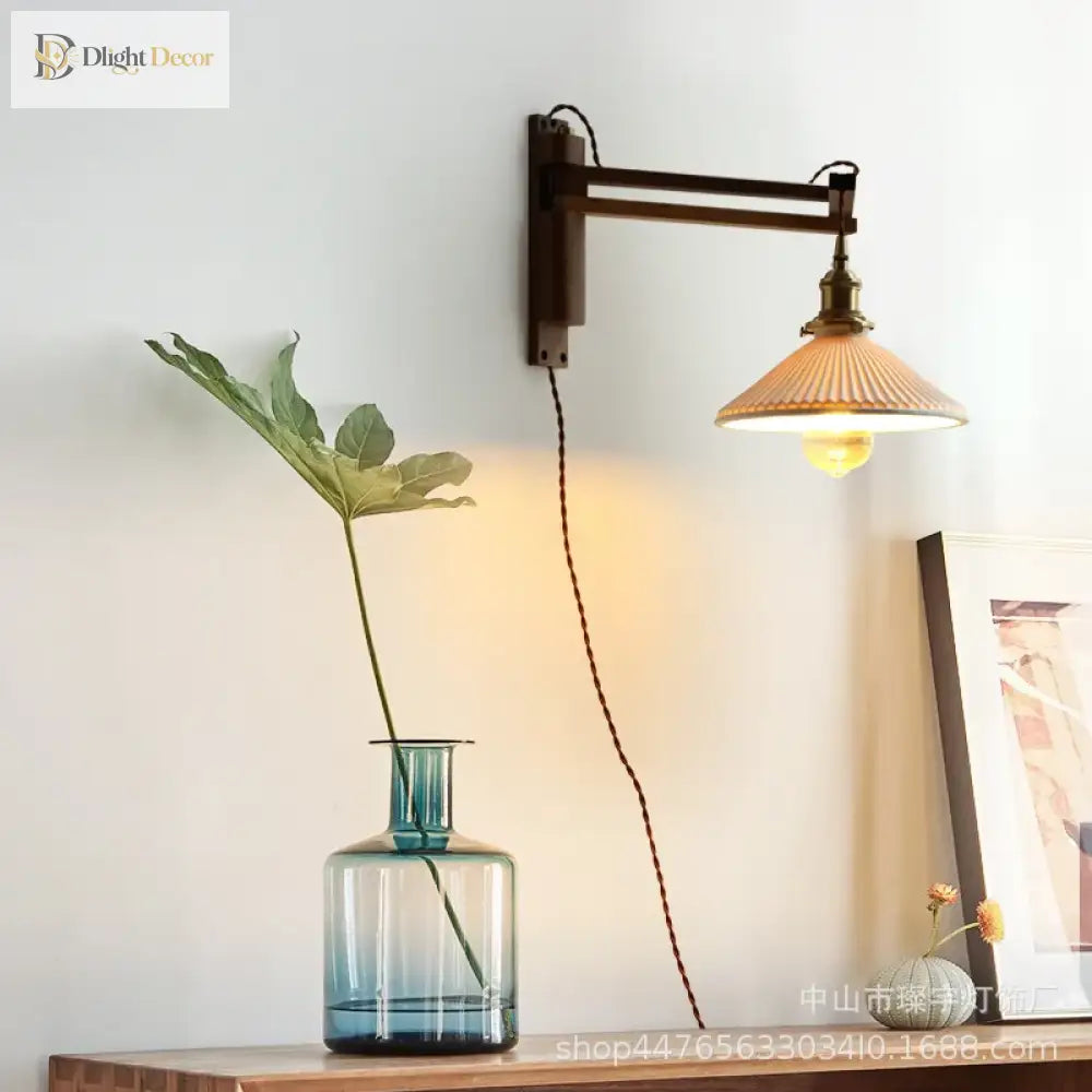 Japanese Vintage Walnut Wall Lamp With Ceramic Shade - Elegant Telescopic Lighting For Bedrooms