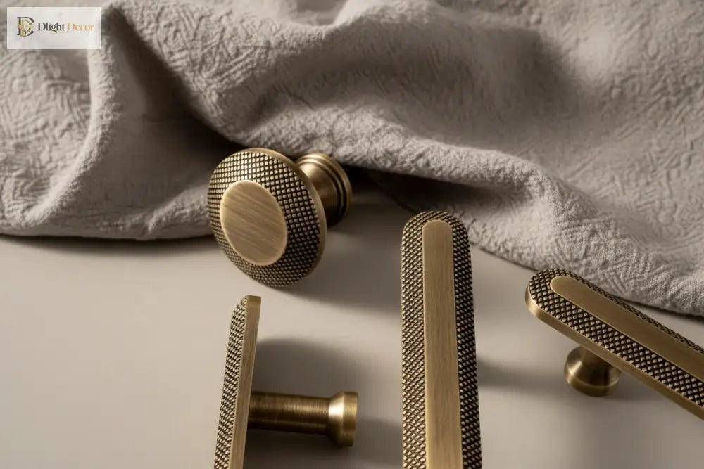 Round cabinet knob with knurled grid sides and antique brass finish, with bar pulls.