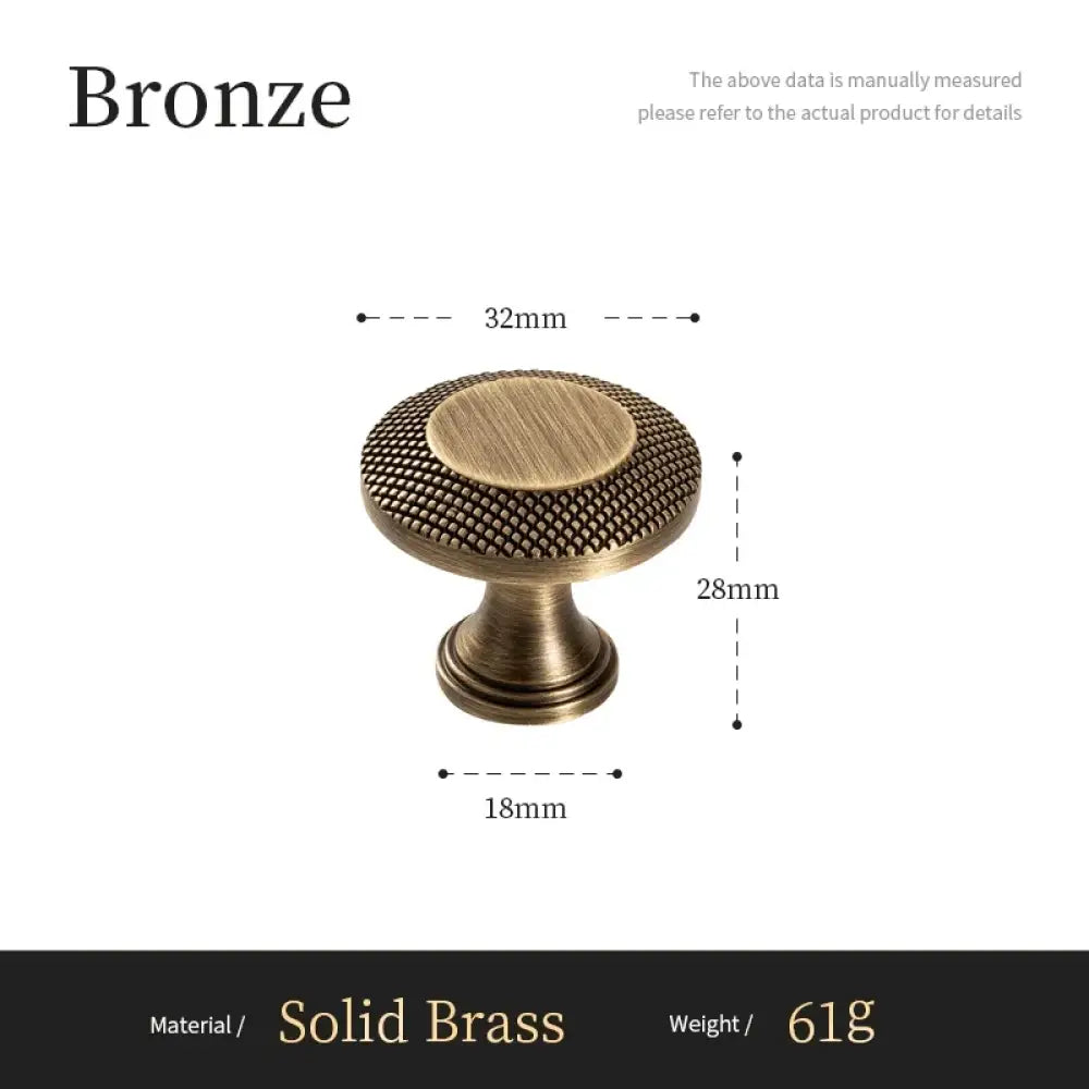 Bronze cabinet knob dimensions: 32mm top, 28mm height; solid brass 618g.