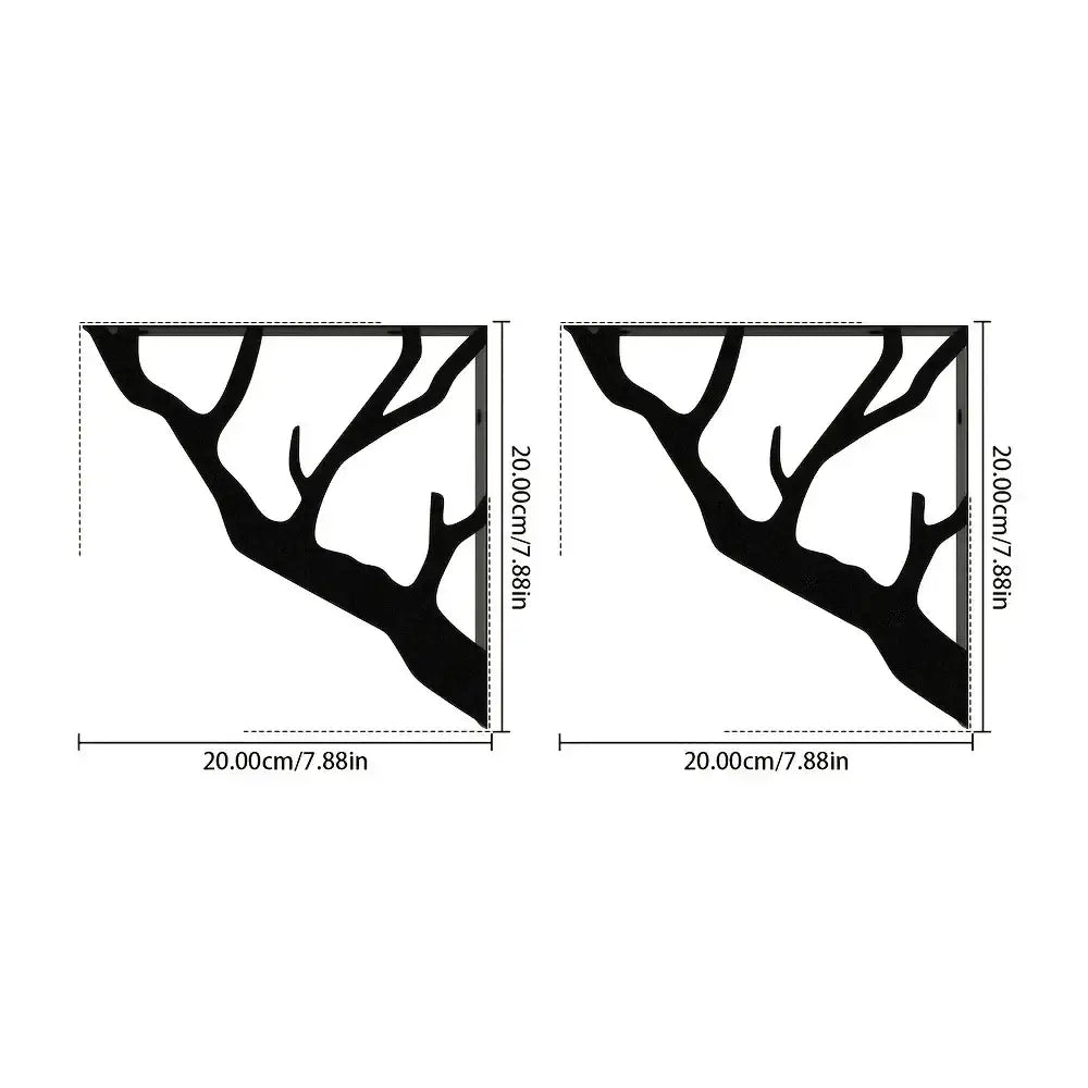 Two black metal tree-branch wall brackets; 20cm x 20cm dimensions shown