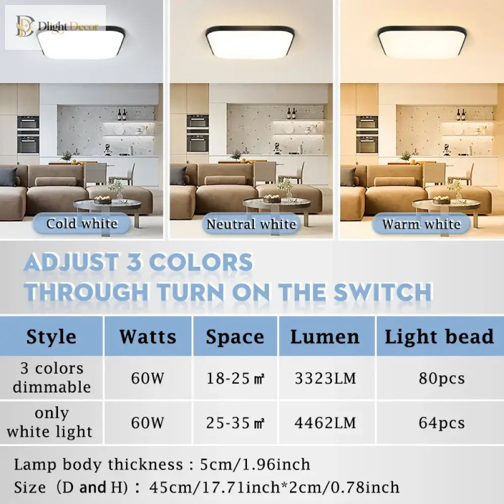 Large Modern Ceiling Lamp - 17.8 - Inch Led Panel Square Light For Living Room Bedroom Kitchen And