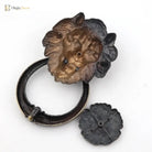 Lion head door knocker with arched ring and decorative backplate, bronze and dark