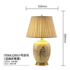 Ceramic table lamp with pleated fabric shade and floral bird artwork, size dimensions shown