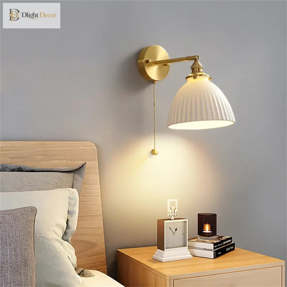 Nordic Home Decoration Bedside Ceramic Wall Light - Led Fixture With Pull Switch For Living Room