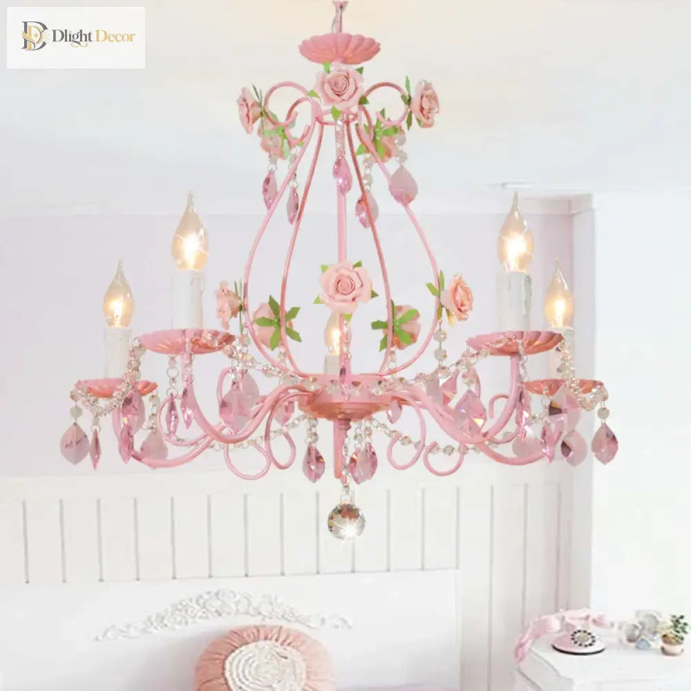 Contemporary Pink Ceiling Chandelier - E14 Led Lighting With Crystal Iron And Ceramic Accents