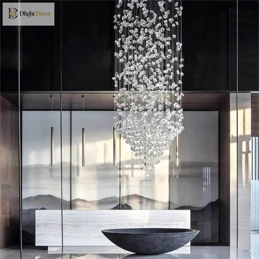 Luxury Stone Crystal Stair Chandelier - Led Lighting Fixture For Large Living Rooms Home Decor