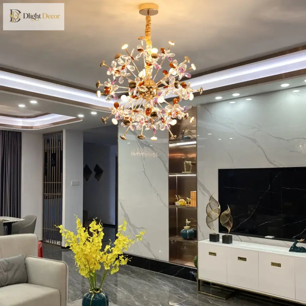 Contemporary Dandelion Led Chandelier - Fashionable Branch Design With Colorful Crystal Accents