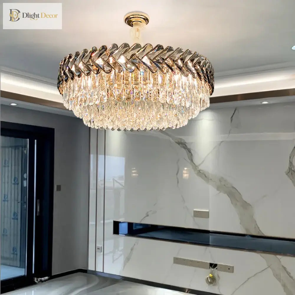 Luxury Living Room Crystal Chandelier - Elegance In Round Gold Design With Led Illumination