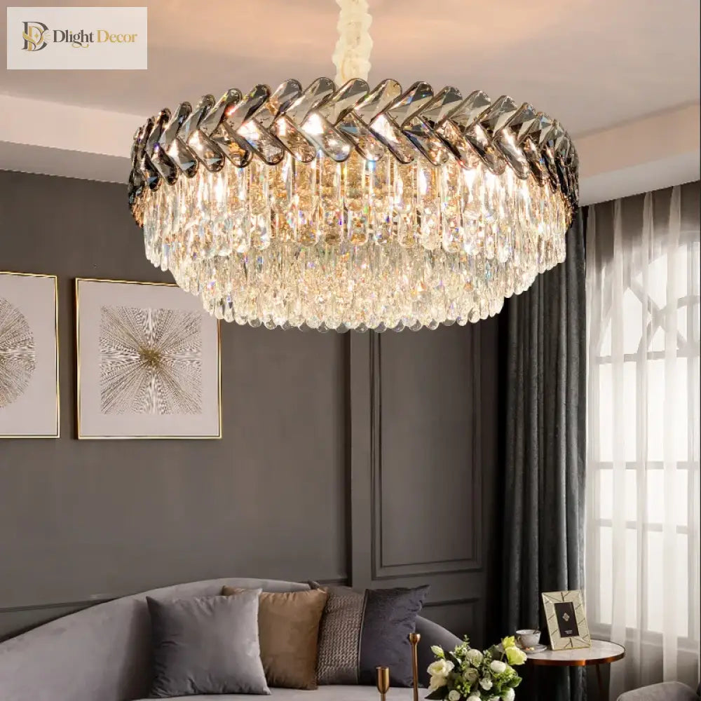 Luxury Living Room Crystal Chandelier - Elegance In Round Gold Design With Led Illumination